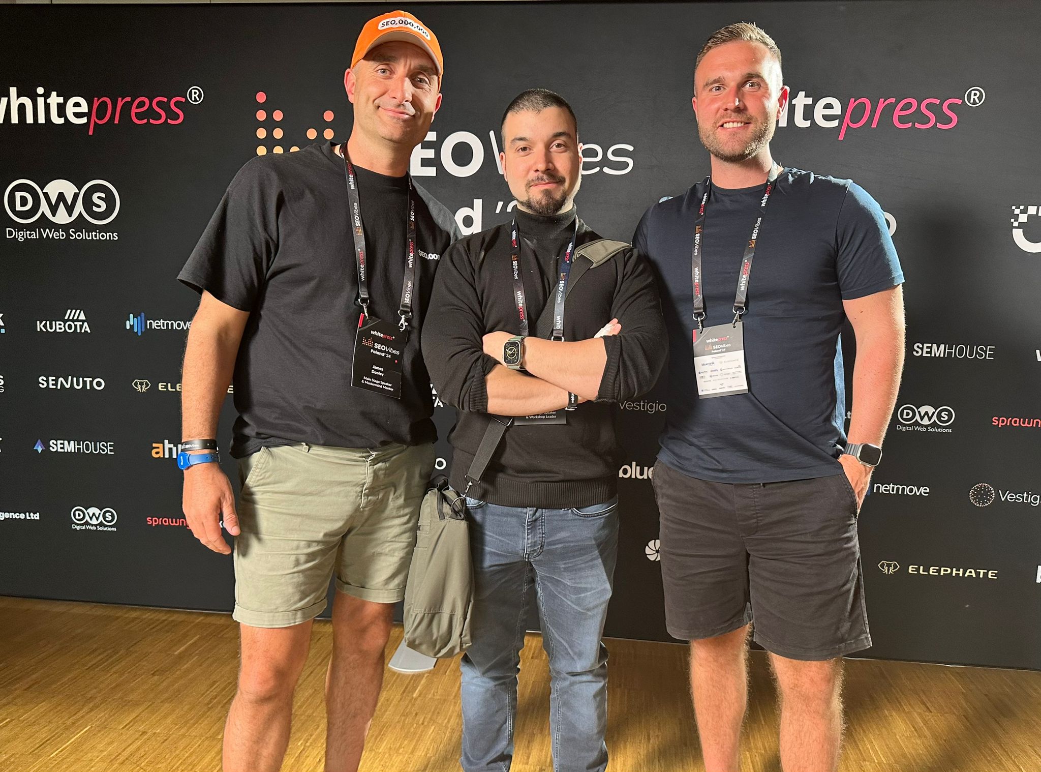 James Dooley with Koray Tuğberk Gübür and Karl Hudson at an SEO Vibes event